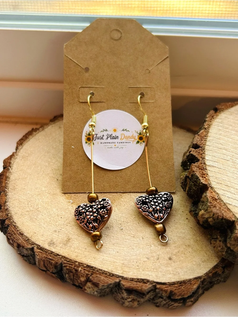 Bronze Floral Heart Dangle Earrings Cottagecore Boho Vintage